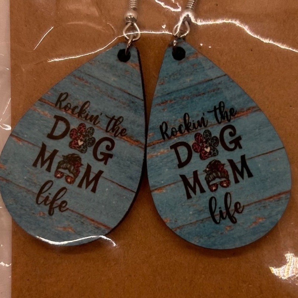 Rockin the Dog Mom Life Blue Faux Wood Teardrop Dangle Earrings New